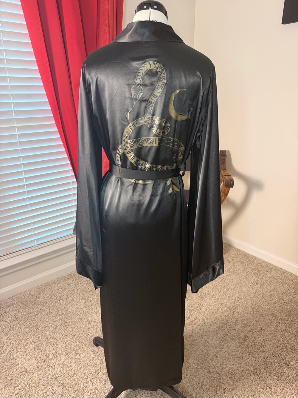 Women's Black Satin Long Robe - Classic Luxury - Picture 2 of 3